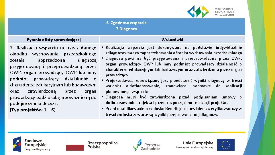 6. Zgodność wsparcia 7. Diagnoza Pytania z listy sprawdzającej Wskazówki 7. Realizacja wsparcia na