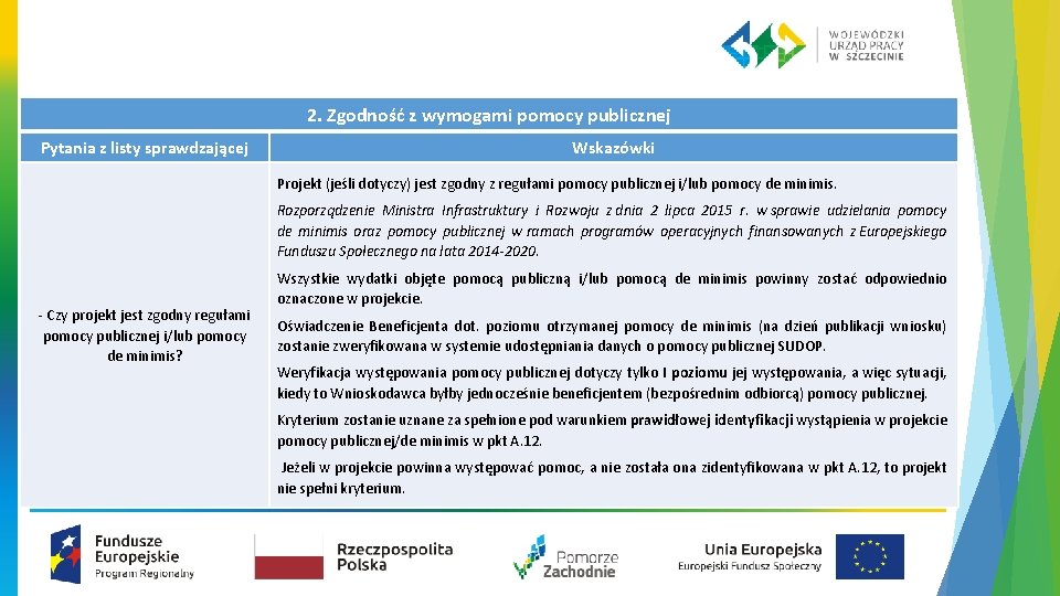 2. Zgodność z wymogami pomocy publicznej Pytania z listy sprawdzającej Wskazówki Projekt (jeśli dotyczy)