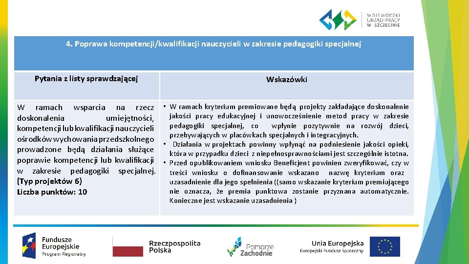 4. Poprawa kompetencji/kwalifikacji nauczycieli w zakresie pedagogiki specjalnej Pytania z listy sprawdzającej Wskazówki W