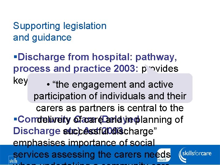Supporting legislation and guidance §Discharge from hospital: pathway, process and practice 2003: provides key