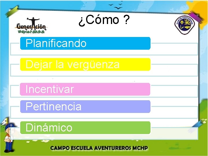 ¿Cómo ? Planificando Dejar la vergüenza Incentivar Pertinencia Dinámico 