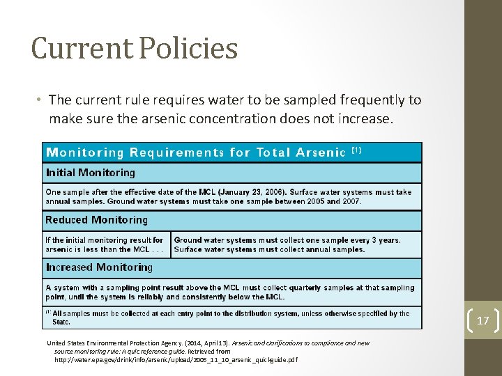 Current Policies • The current rule requires water to be sampled frequently to make