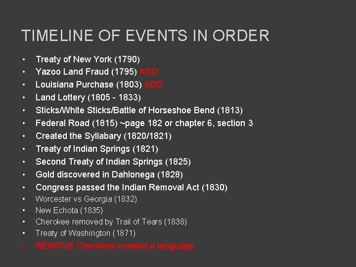 TIMELINE OF EVENTS IN ORDER • • • Treaty of New York (1790) Yazoo