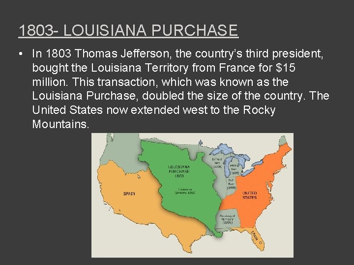 1803 - LOUISIANA PURCHASE • In 1803 Thomas Jefferson, the country’s third president, bought