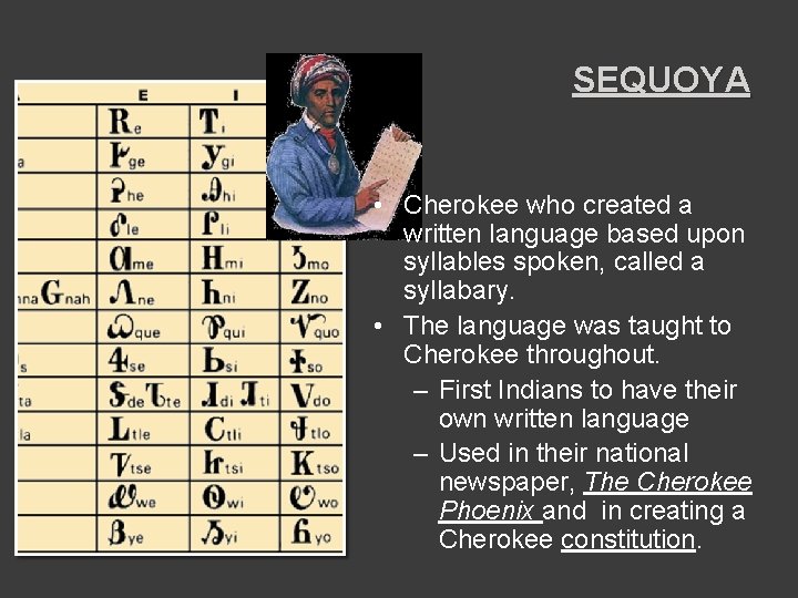 SEQUOYA • Cherokee who created a written language based upon syllables spoken, called a