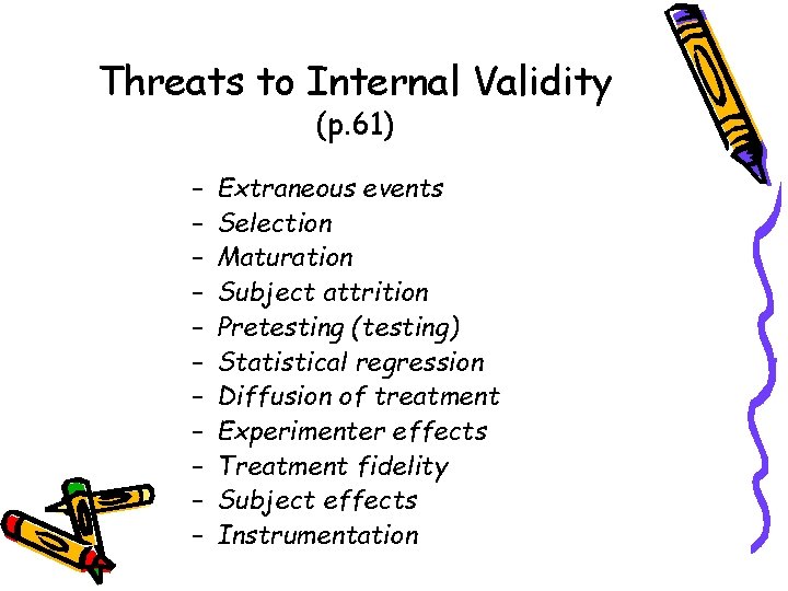 Threats to Internal Validity (p. 61) – – – Extraneous events Selection Maturation Subject