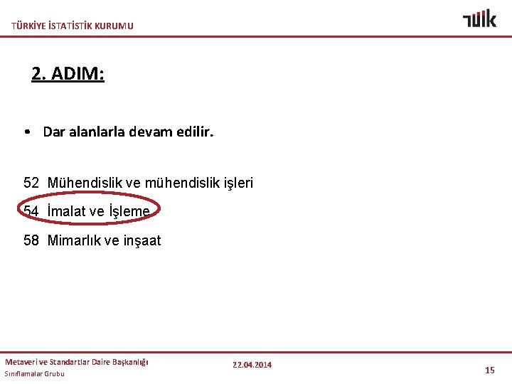 TÜRKİYE İSTATİSTİK KURUMU 2. ADIM: • Dar alanlarla devam edilir. 52 Mühendislik ve mühendislik