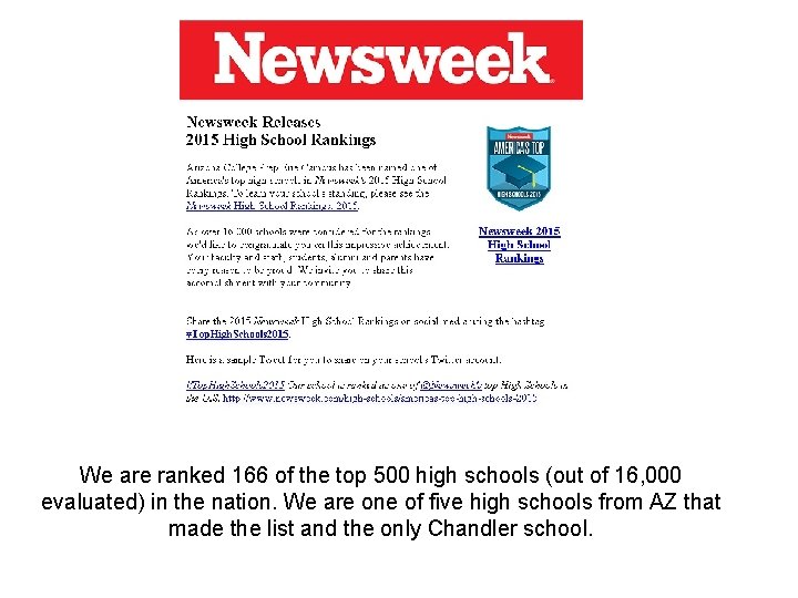 We are ranked 166 of the top 500 high schools (out of 16, 000
