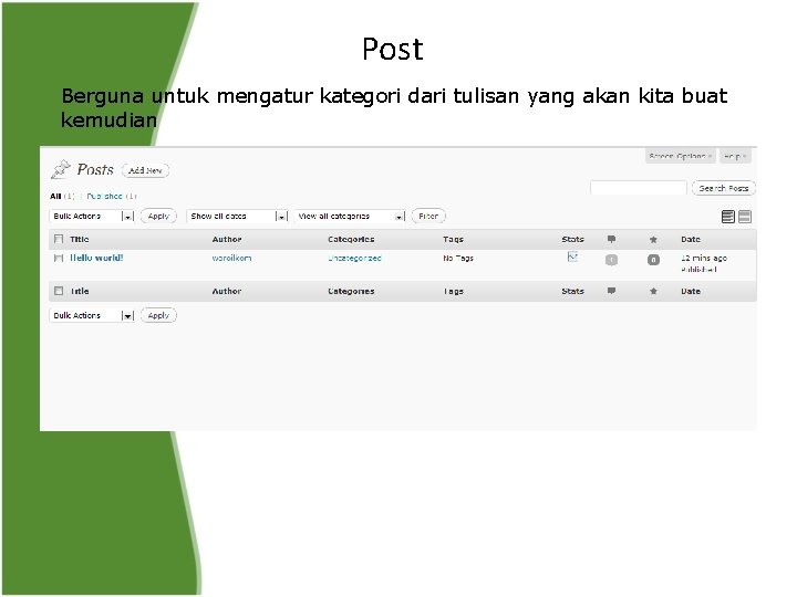 Post Berguna untuk mengatur kategori dari tulisan yang akan kita buat kemudian 