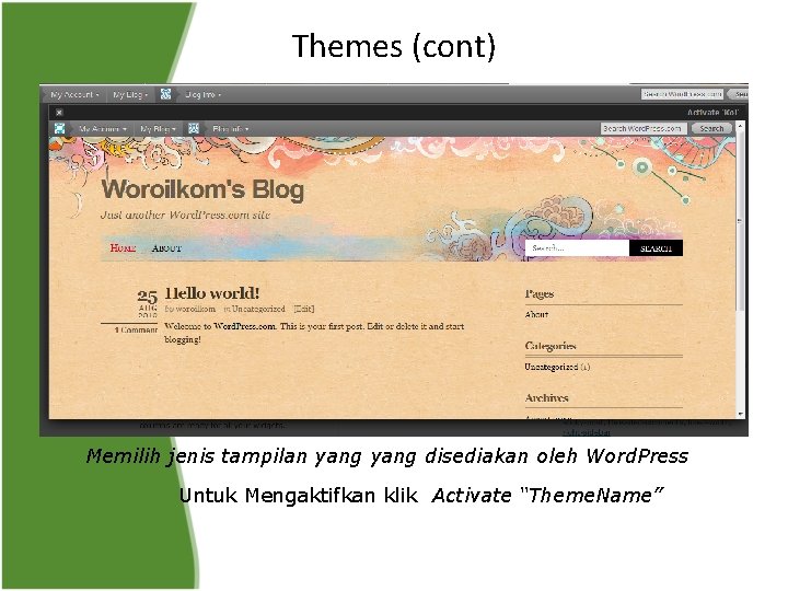 Themes (cont) Memilih jenis tampilan yang disediakan oleh Word. Press Untuk Mengaktifkan klik Activate