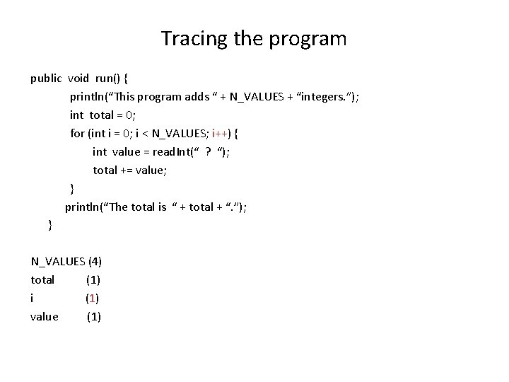 Tracing the program public void run() { println(“This program adds “ + N_VALUES +