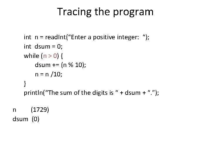 Tracing the program int n = read. Int(“Enter a positive integer: “); int dsum
