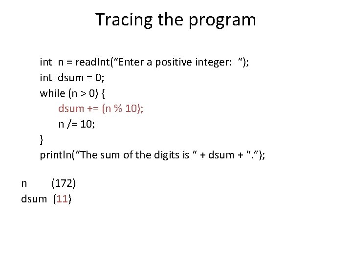 Tracing the program int n = read. Int(“Enter a positive integer: “); int dsum