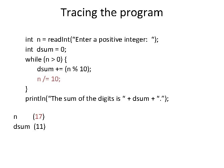 Tracing the program int n = read. Int(“Enter a positive integer: “); int dsum