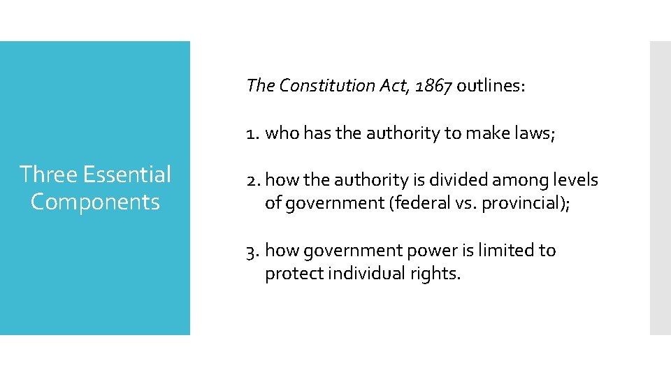 The Constitution Act, 1867 outlines: 1. who has the authority to make laws; Three