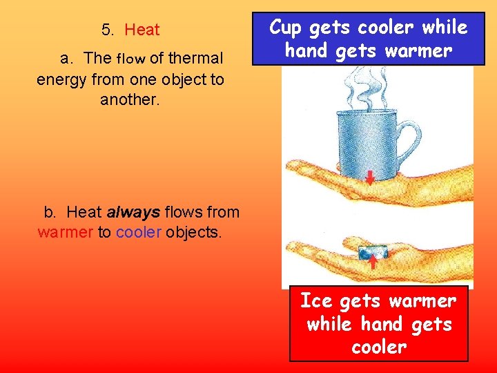 5. Heat a. The flow of thermal energy from one object to another. Cup