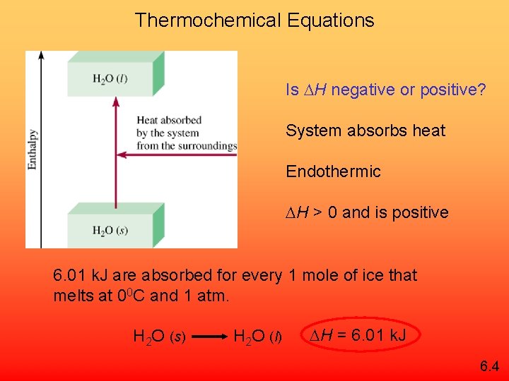 Thermochemical Equations Is H negative or positive? System absorbs heat Endothermic H > 0