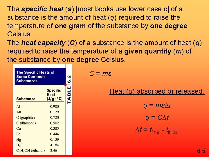 The specific heat (s) [most books use lower case c] of a substance is