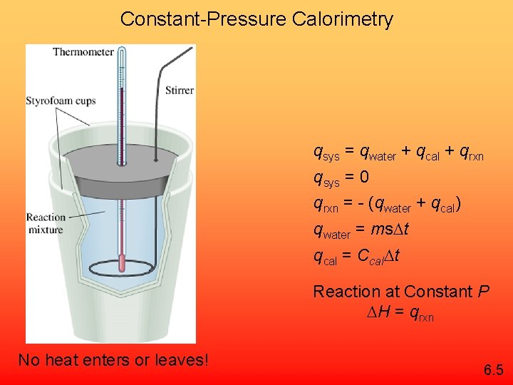 Constant-Pressure Calorimetry qsys = qwater + qcal + qrxn qsys = 0 qrxn =