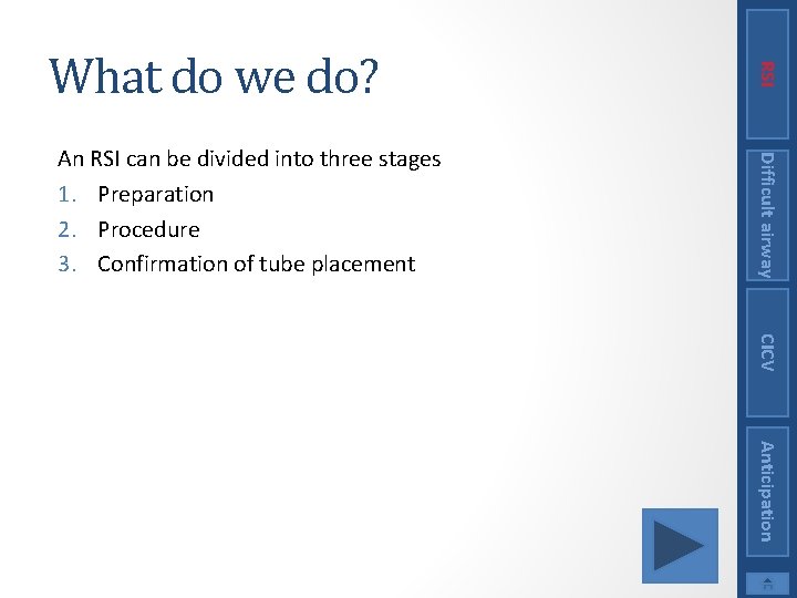 Difficult airway An RSI can be divided into three stages 1. Preparation 2. Procedure