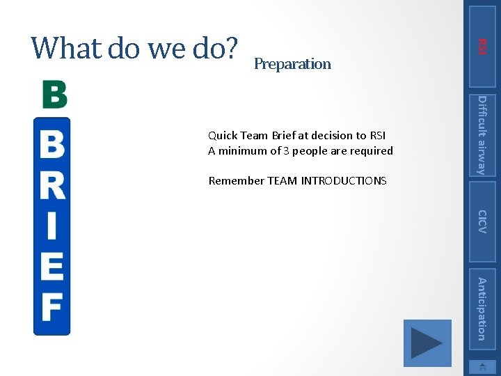Preparation Remember TEAM INTRODUCTIONS Difficult airway Quick Team Brief at decision to RSI A