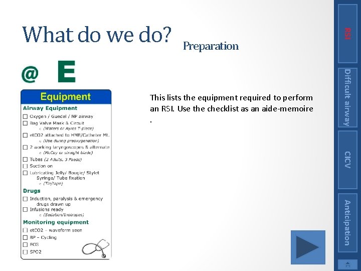 Preparation Difficult airway This lists the equipment required to perform an RSI. Use the