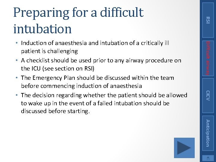 Difficult airway CICV • Induction of anaesthesia and intubation of a critically ill patient