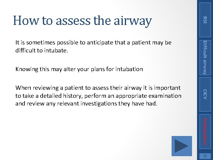 Knowing this may alter your plans for intubation CICV When reviewing a patient to