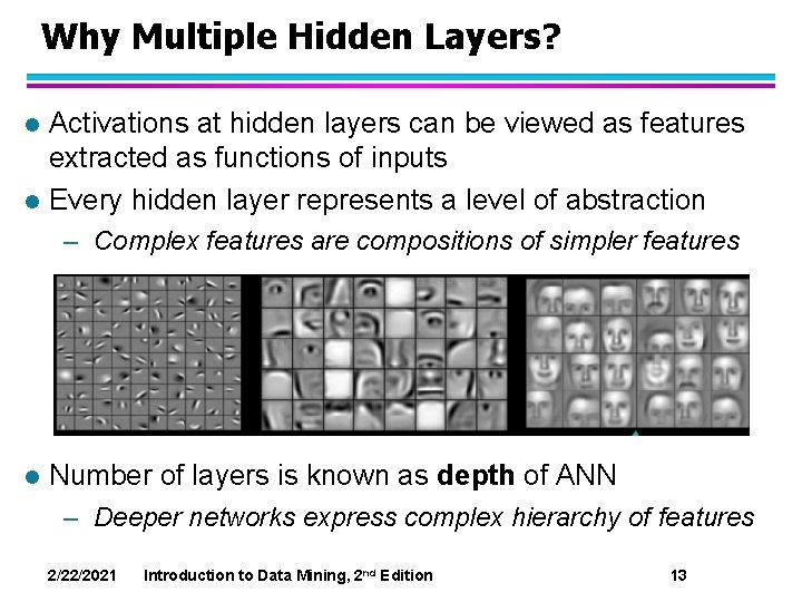 Why Multiple Hidden Layers? l l Activations at hidden layers can be viewed as