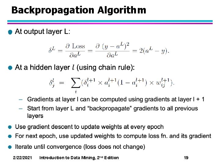 Backpropagation Algorithm l 2/22/2021 Introduction to Data Mining, 2 nd Edition 19 