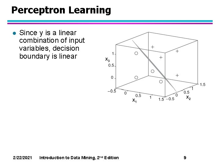 Perceptron Learning l Since y is a linear combination of input variables, decision boundary