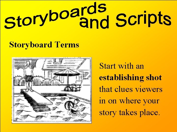 Storyboard Terms Start with an establishing shot that clues viewers in on where your