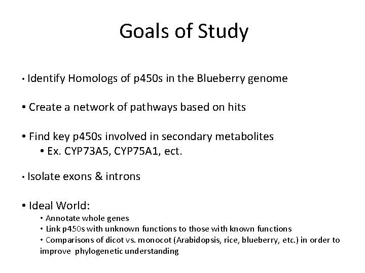 Goals of Study • Identify Homologs of p 450 s in the Blueberry genome