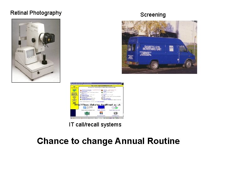Retinal Photography Screening IT call/recall systems Chance to change Annual Routine 