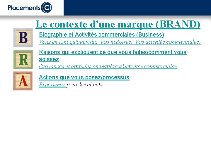 Le contexte d'une marque (BRAND) Biographie et Activités commerciales (Business) Vous en tant qu'individu.