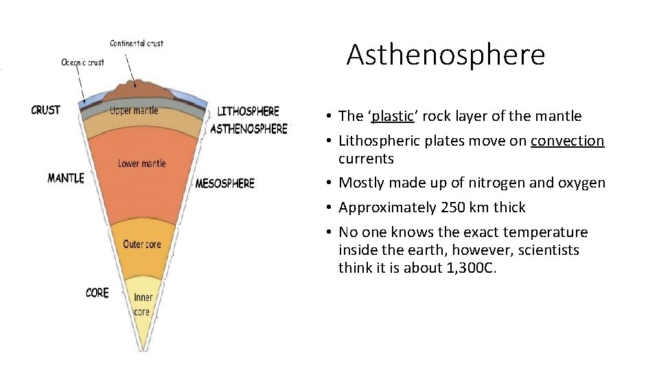 Asthenosphere • The ‘plastic’ rock layer of the mantle • Lithospheric plates move on