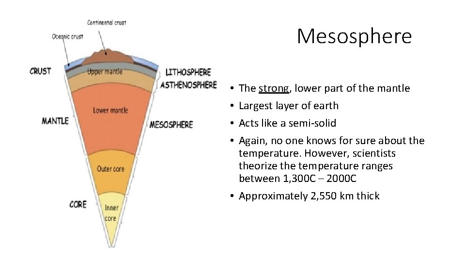 Mesosphere The strong, lower part of the mantle Largest layer of earth Acts like