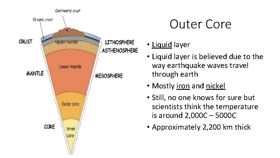 Outer Core • Liquid layer is believed due to the way earthquake waves travel