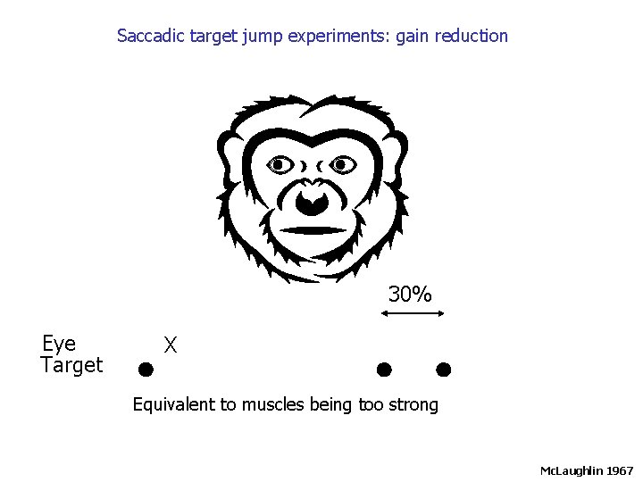 Saccadic target jump experiments: gain reduction 30% Eye Target X Equivalent to muscles being