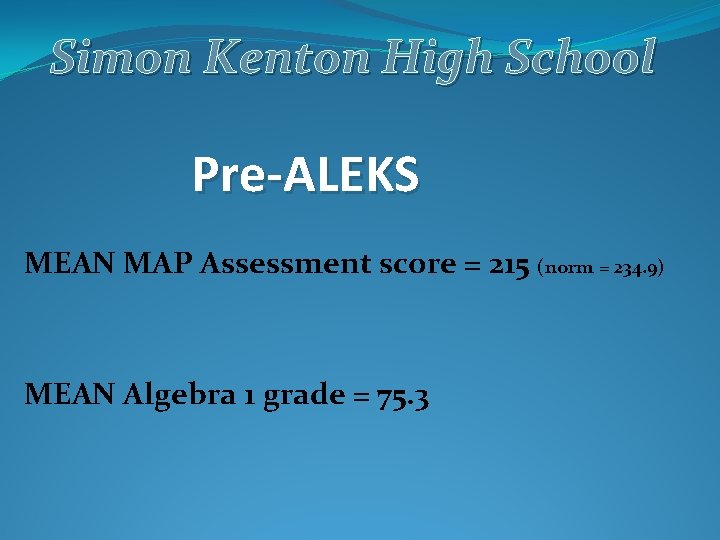Simon Kenton High School Pre-ALEKS MEAN MAP Assessment score = 215 (norm = 234.