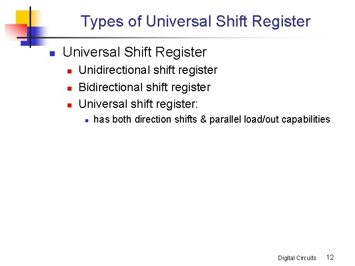 Types of Universal Shift Register n n n Unidirectional shift register Bidirectional shift register
