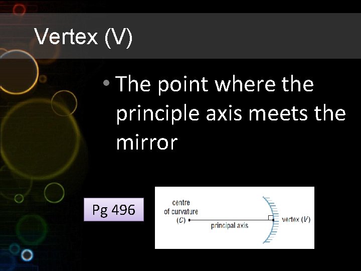 Vertex (V) • The point where the principle axis meets the mirror Pg 496