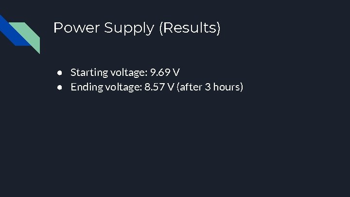 Power Supply (Results) ● Starting voltage: 9. 69 V ● Ending voltage: 8. 57