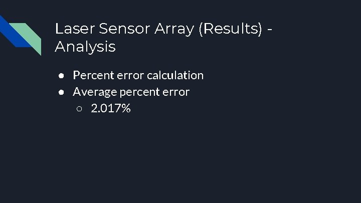 Laser Sensor Array (Results) Analysis ● Percent error calculation ● Average percent error ○