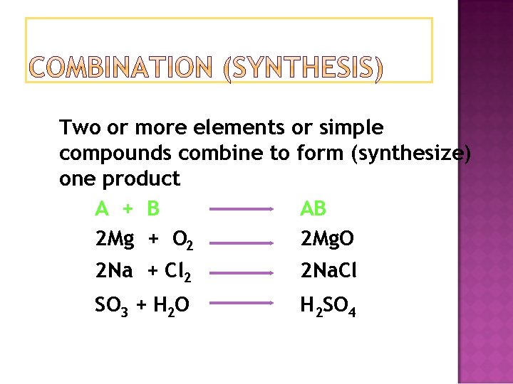 Two or more elements or simple compounds combine to form (synthesize) one product A