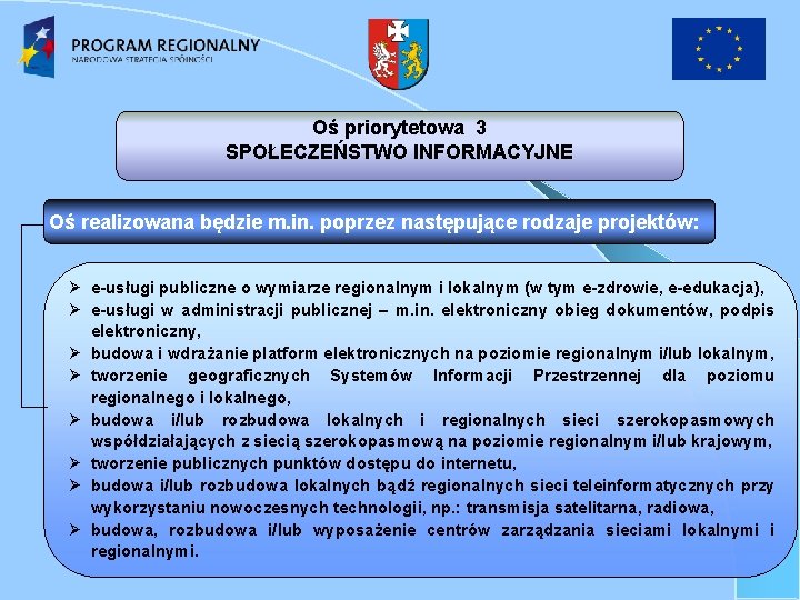 Oś priorytetowa 3 SPOŁECZEŃSTWO INFORMACYJNE Oś realizowana będzie m. in. poprzez następujące rodzaje projektów: