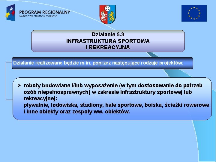 Działanie 5. 3 INFRASTRUKTURA SPORTOWA I REKREACYJNA Działanie realizowane będzie m. in. poprzez następujące