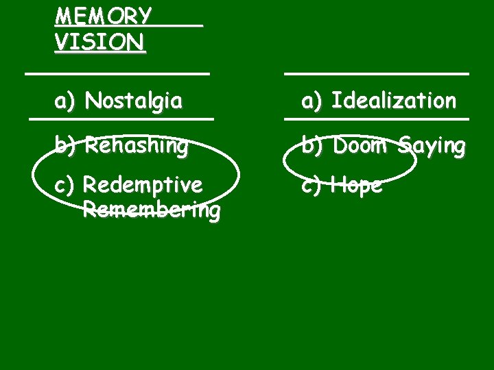 MEMORY VISION a) Nostalgia a) Idealization b) Rehashing b) Doom Saying c) Redemptive Remembering