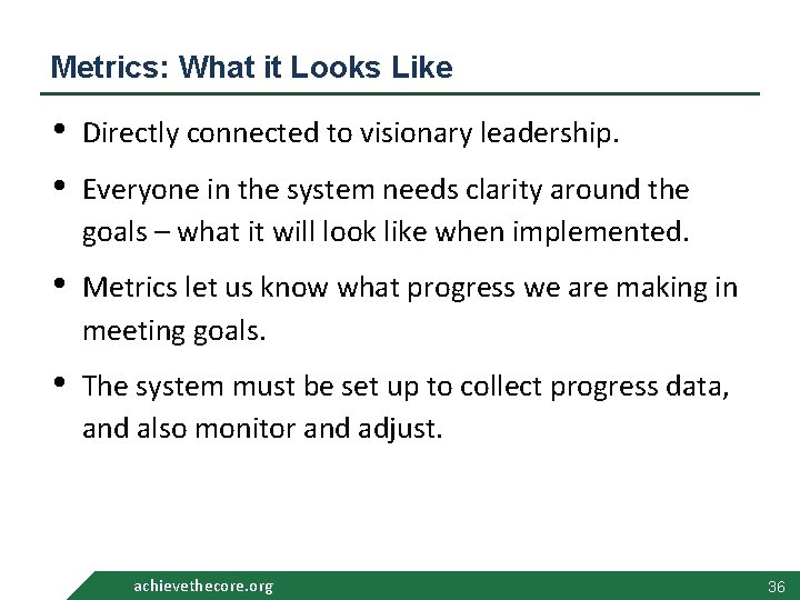 Metrics: What it Looks Like • • Directly connected to visionary leadership. • Metrics