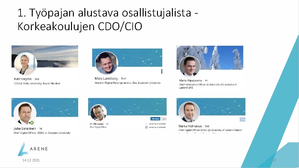 1. Työpajan alustava osallistujalista Korkeakoulujen CDO/CIO 14. 12. 2021 12 